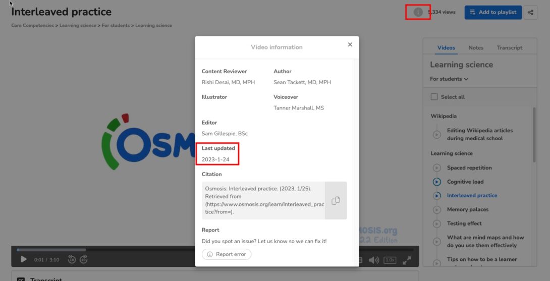 Screenshot of Osmosis showing how to access when content is updated.