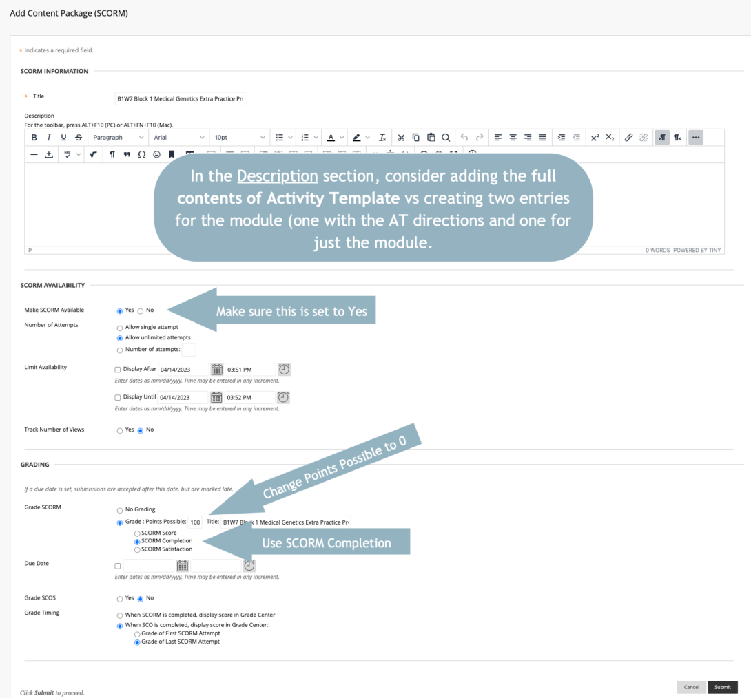 SCORM Settings in Blackboard